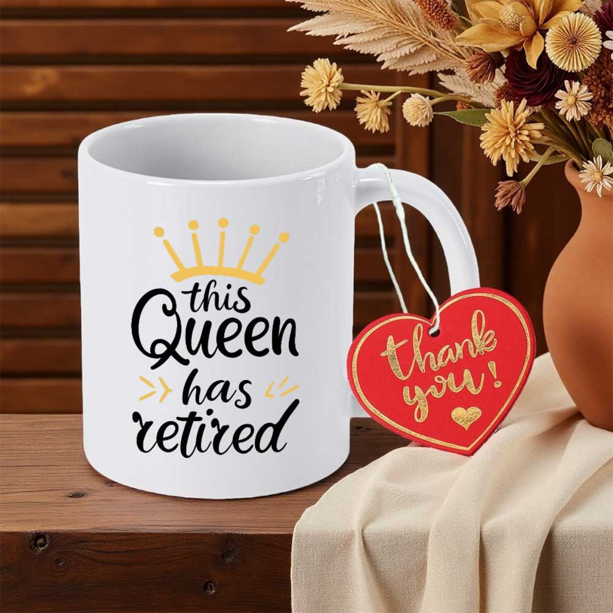 Tailorly White Ceramic 11 oz Mug - This Queen Has Retired Thank You Artistic Script Typography Beneath Simple Golden Crown Icon On White Surface Mug