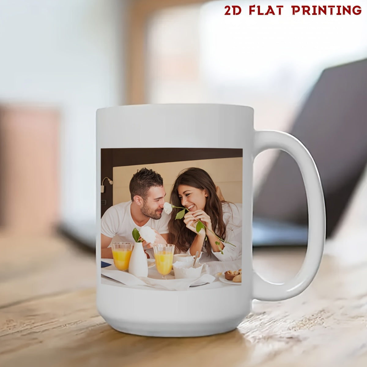 Tailorly White Ceramic 11 oz Mug - Romantic Young Couple Sharing Breakfast With White Rose And Fresh Juice Couple
