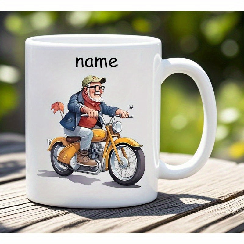 Tailorly White Ceramic 11 oz Mug - Name Cheerful Elderly Man Riding A Classic Yellow Vintage Style Motorcycle