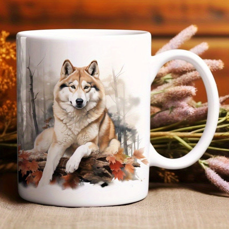Tailorly White Ceramic 11 oz Mug - Majestic Forest Dweller Resting Among Colorful Fallen Autumn Leaves Wolf