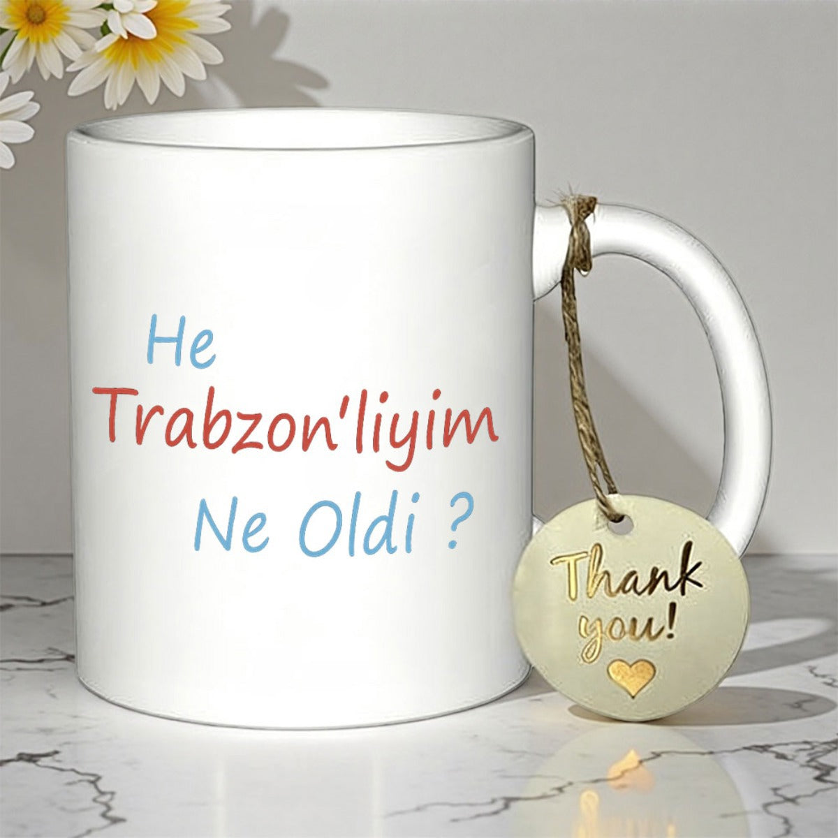 Tailorly White Ceramic 11 oz Mug - Thank You Pure White Ceramic Vessel Resting Upon A Smooth Marble Surface Texture Mug