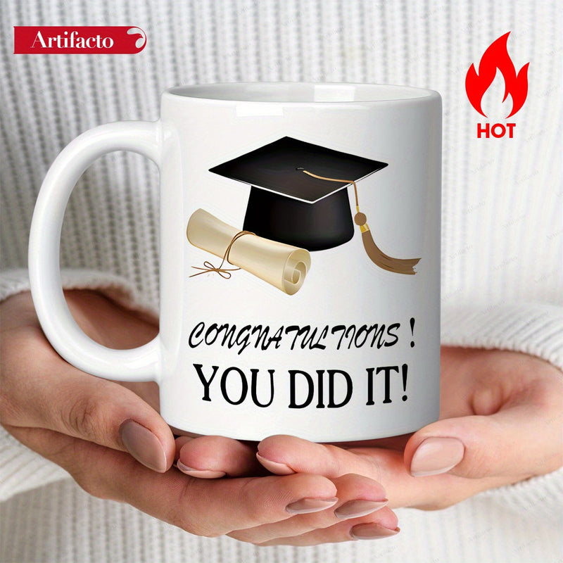 Tailorly White Ceramic 11 oz Mug - Congratulations You Did It Classic Black Graduation Mortarboard With Gold Tassel And Rolled Diploma Cap