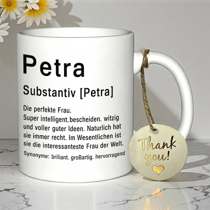 Tailorly White Ceramic 11 oz Mug - Thank You Petra Clean White Ceramic With Minimalist Black Typographic Text And Hanging Tag Mug