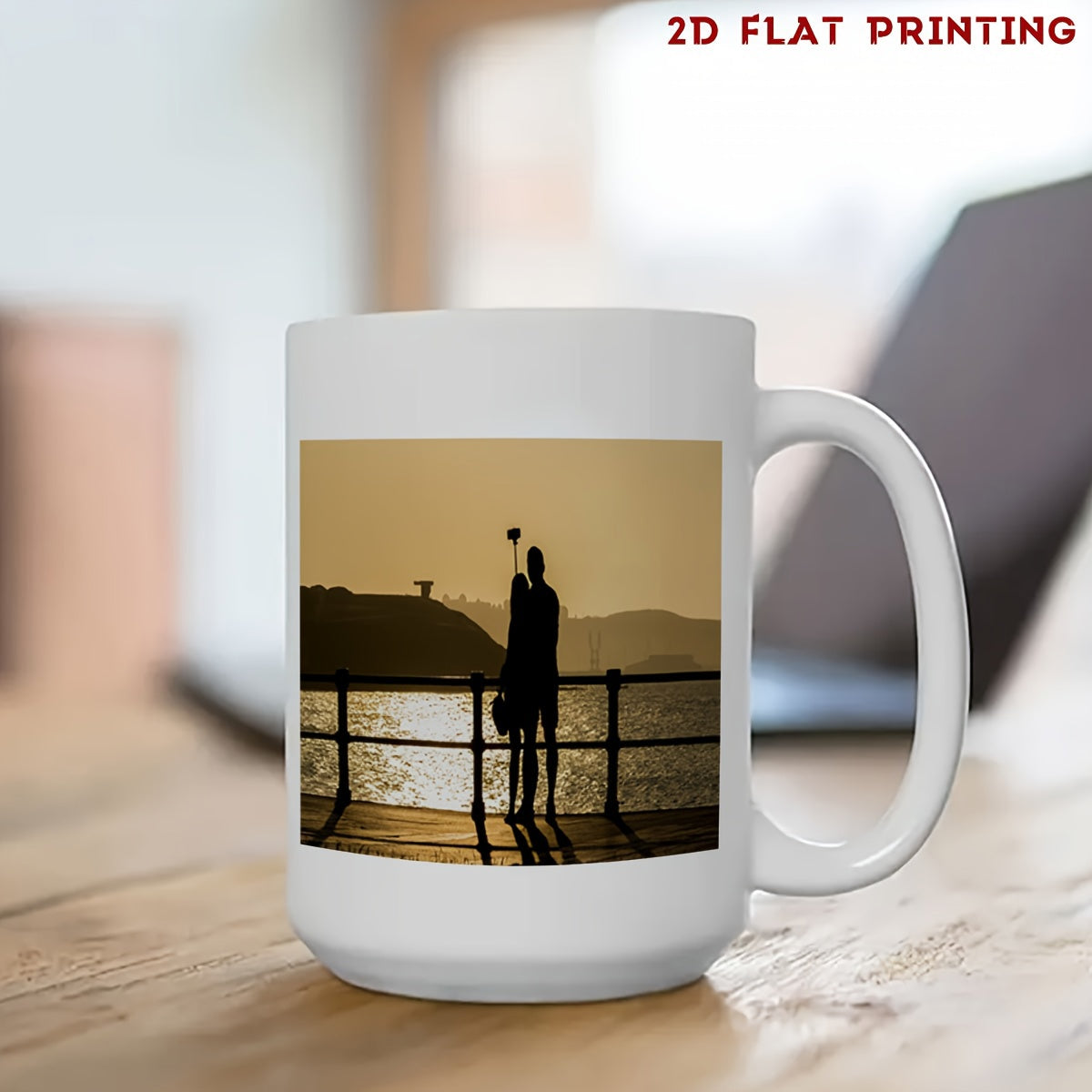 Tailorly White Ceramic 11 oz Mug - Romantic Silhouette Standing On Wooden Pier Overlooking Shimmering Waterfront Evening Couple