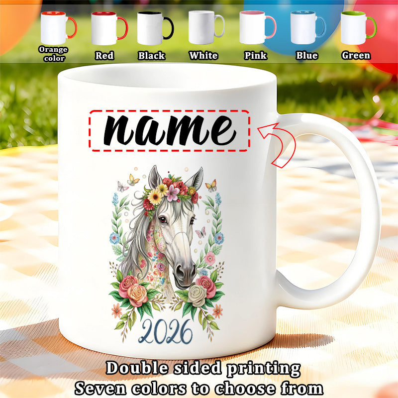 Tailorly White Ceramic 11 oz Mug - 2026 Elegant White Horse Wearing Colorful Floral Crown Among Blossoming Spring Garden Horse