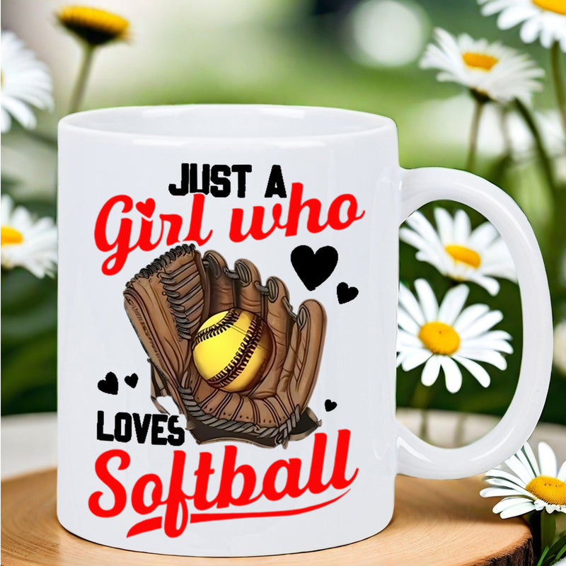 Tailorly White Ceramic 11 oz Mug - Just A Girl Who Loves Softball Classic Leather Glove Holding A Bright Yellow Ball With Hearts Softball
