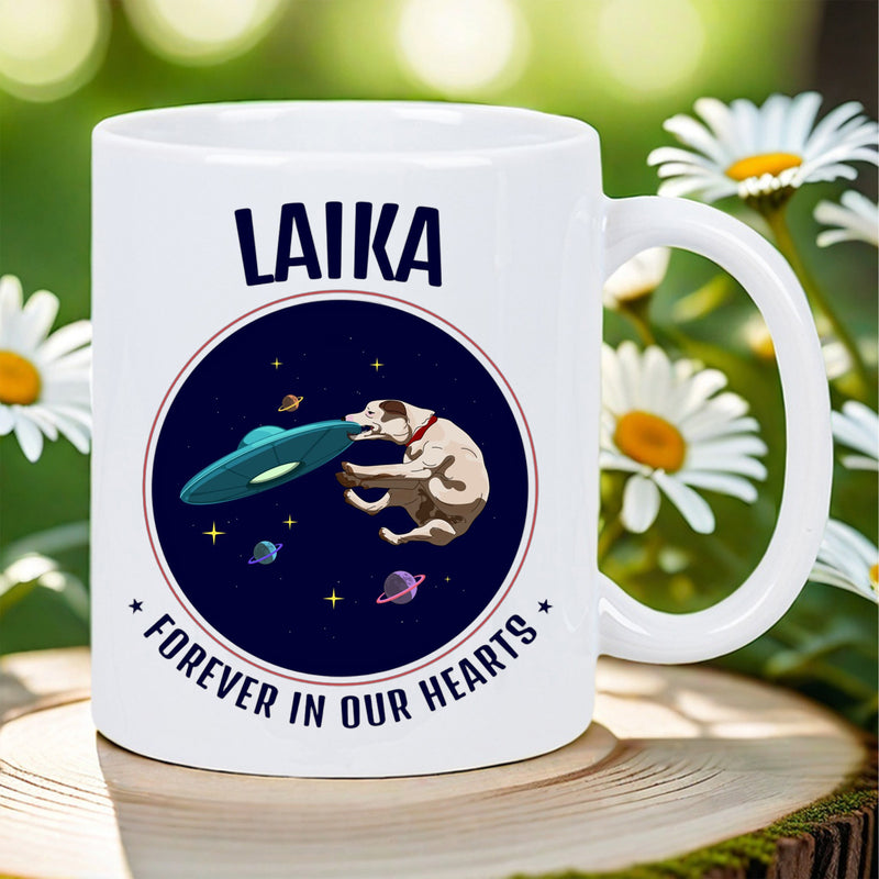 Tailorly White Ceramic 11 oz Mug - Laika Forever In Our Hearts Brave Astronaut Spirit Chasing Flying Saucer Among Distant Planets And Stars Dog