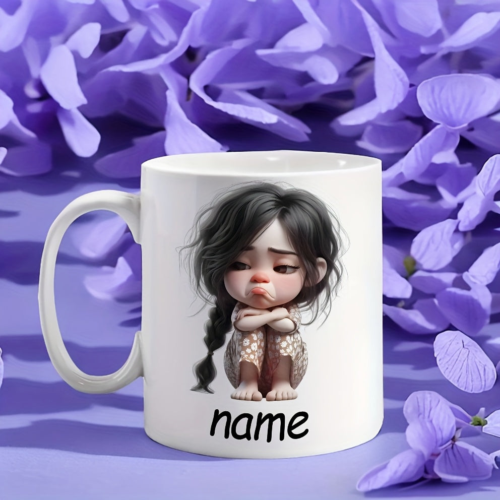 Tailorly White Ceramic 11 oz Mug - Name Sad Little Child With Messy Braided Hair And Delicate Lace Dress Girl