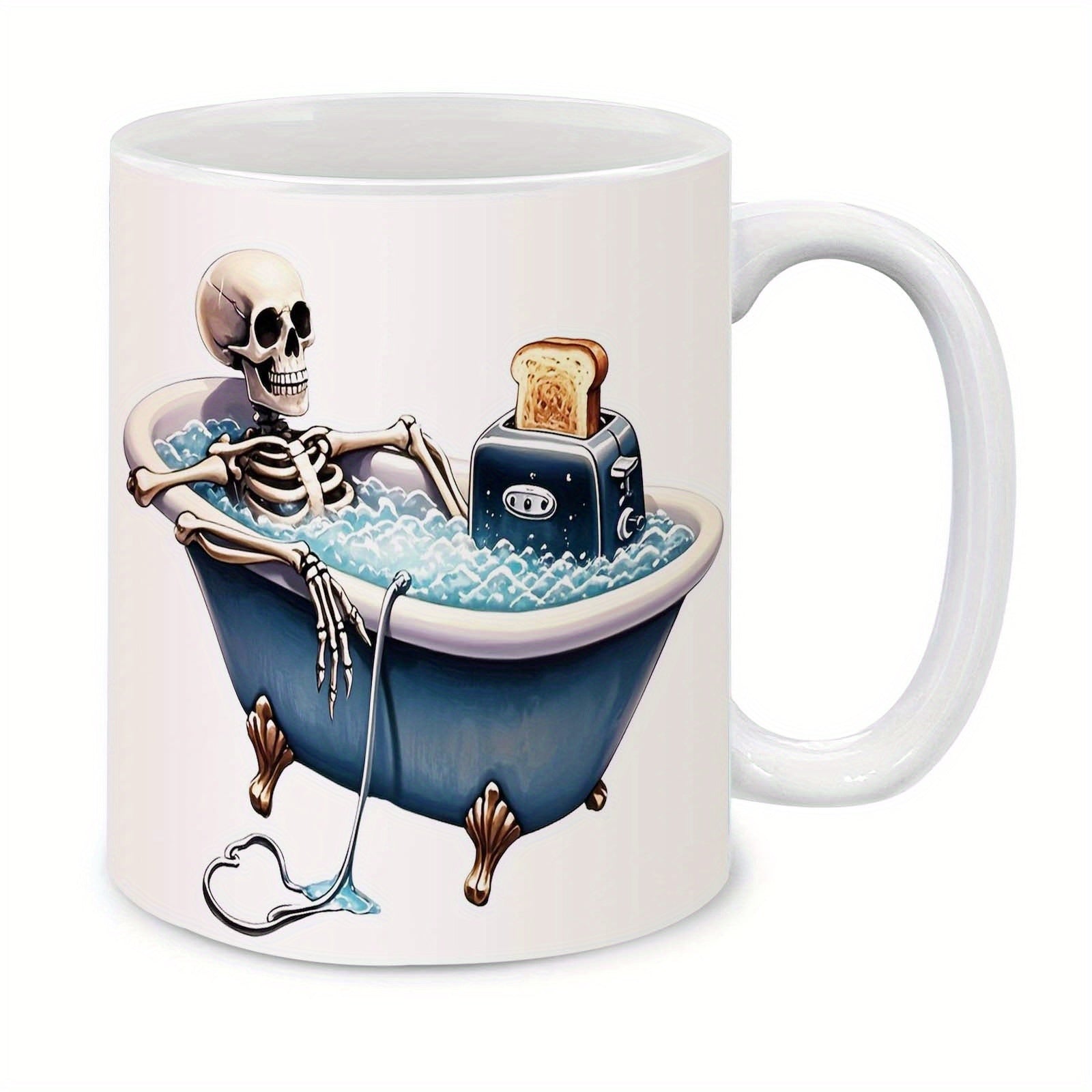 Tailorly White Ceramic 11 oz Mug - Funny Relaxing Blue Bathtub With Bubbles And Electric Toaster Skeleton