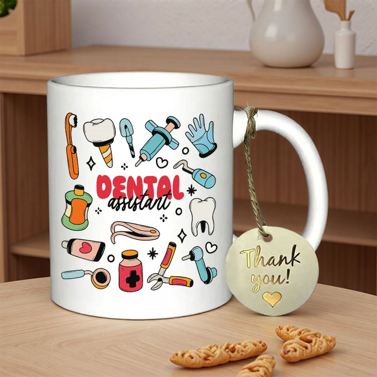 Tailorly White Ceramic 11 oz Mug - Dental Assistant Colorful Medical Tools And Icons Arranged On