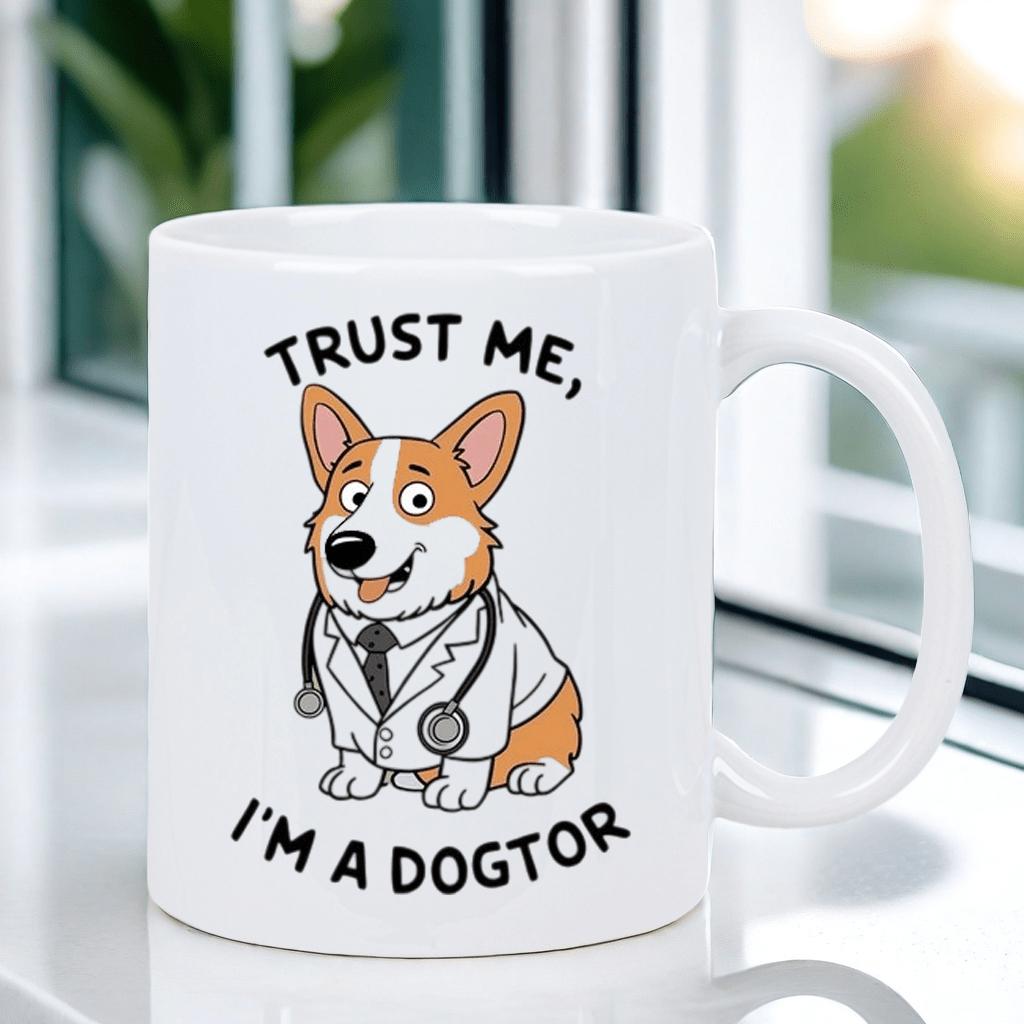 Tailorly White Ceramic 11 oz Mug - Trust Me I'm A Dogtor Cute Cartoon Corgi Wearing White Professional Medical Lab Coat And Stethoscope Corgi