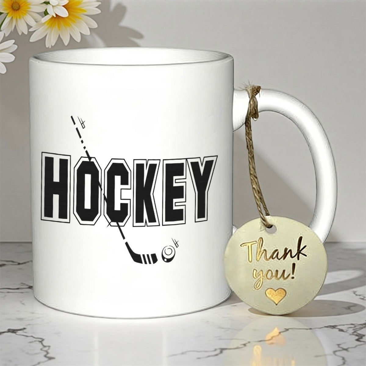 Tailorly White Ceramic 11 oz Mug - Hockey Minimalist Bold Athletic Graphic Featuring Wooden Stick And Slanted Puck Hockey
