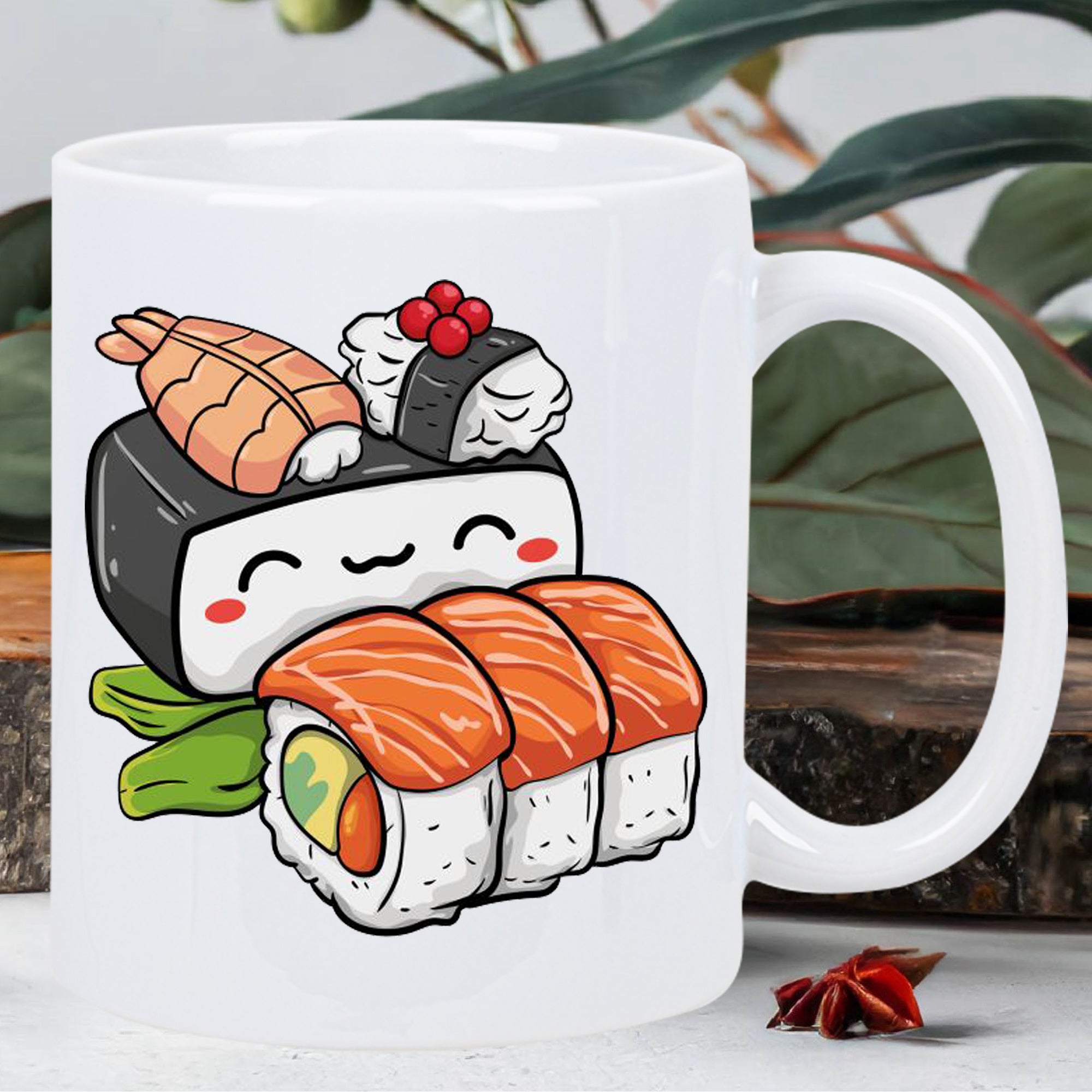 Tailorly White Ceramic 11 oz Mug - Adorable Smiling Cartoon Japanese Food Illustration Featuring Salmon Rolls And Wasabi Sushi