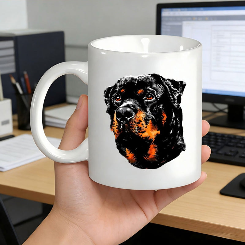 Tailorly White Ceramic 11 oz Mug - Intense Loyal Expression On A Realistic Black And Tan Dog Rottweiler