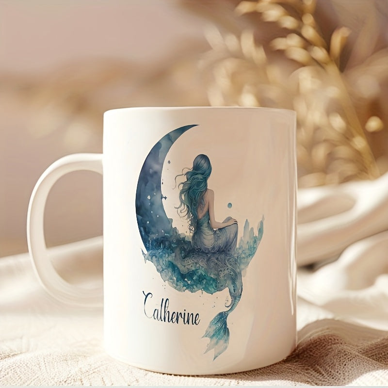 Tailorly White Ceramic 11 oz Mug - Catherine Elegant Blue Haired Figure Sitting Gracefully Upon A Starry Crescent Moon Mermaid