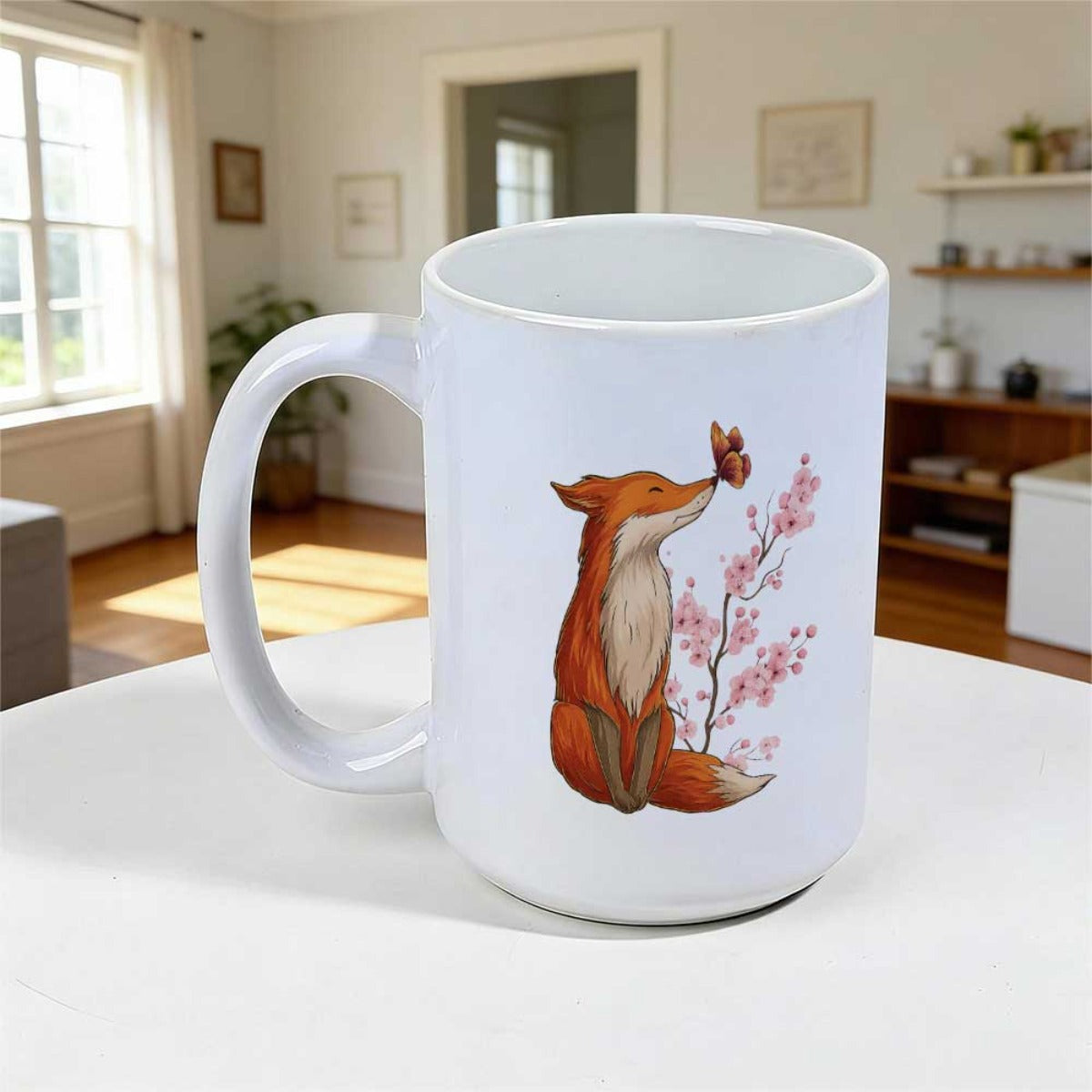 Tailorly White Ceramic 11 oz Mug - Charming Hand Painted Orange Fox Sitting Peacefully Among Pink Cherry Blossom Branches Fox
