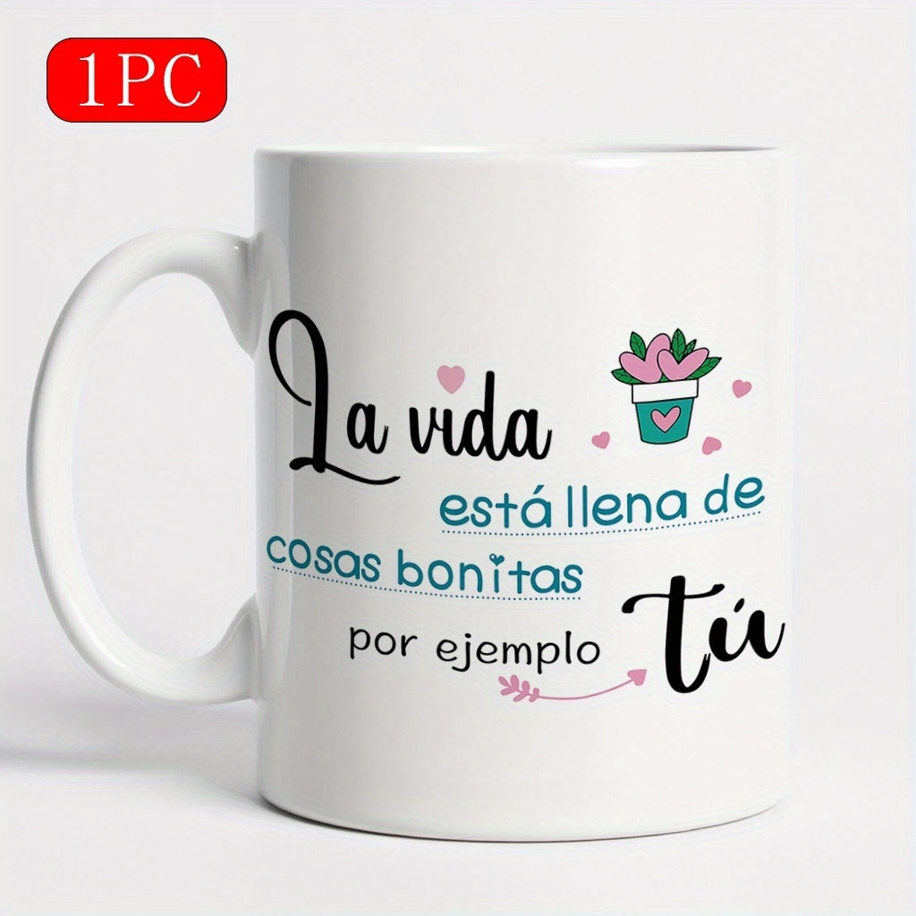 Tailorly White Ceramic 11 oz Mug - Charming Small Potted Flowers Surrounded By Delicate Floating Pink Hearts Pot