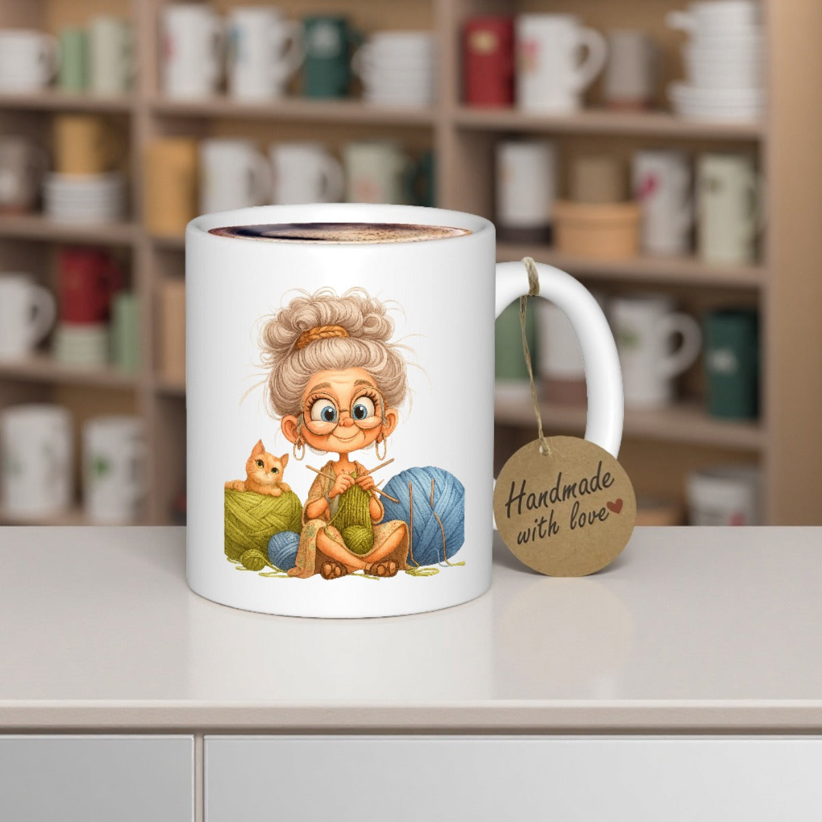 Tailorly White Ceramic 11 oz Mug - Handmade With Love Cute Elderly Woman Knitting Green Wool With Tiny Ginger Kitten In Yarn Grandmother