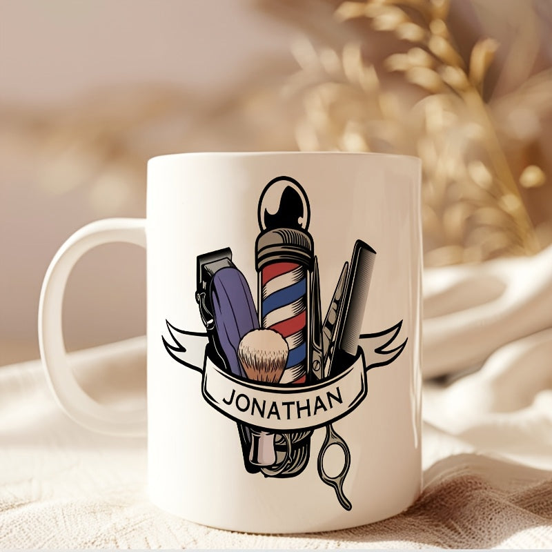 Tailorly White Ceramic 11 oz Mug - Jonathan Classic Professional Barber Tools Set Arranged Behind A Vintage Ribbon Barber