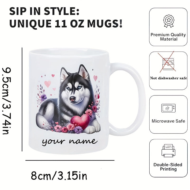 Tailorly White Ceramic 11 oz Mug - Your Name Charming Siberian Husky Sitting Gracefully Surrounded By Colorful Flowers And Hearts Dog