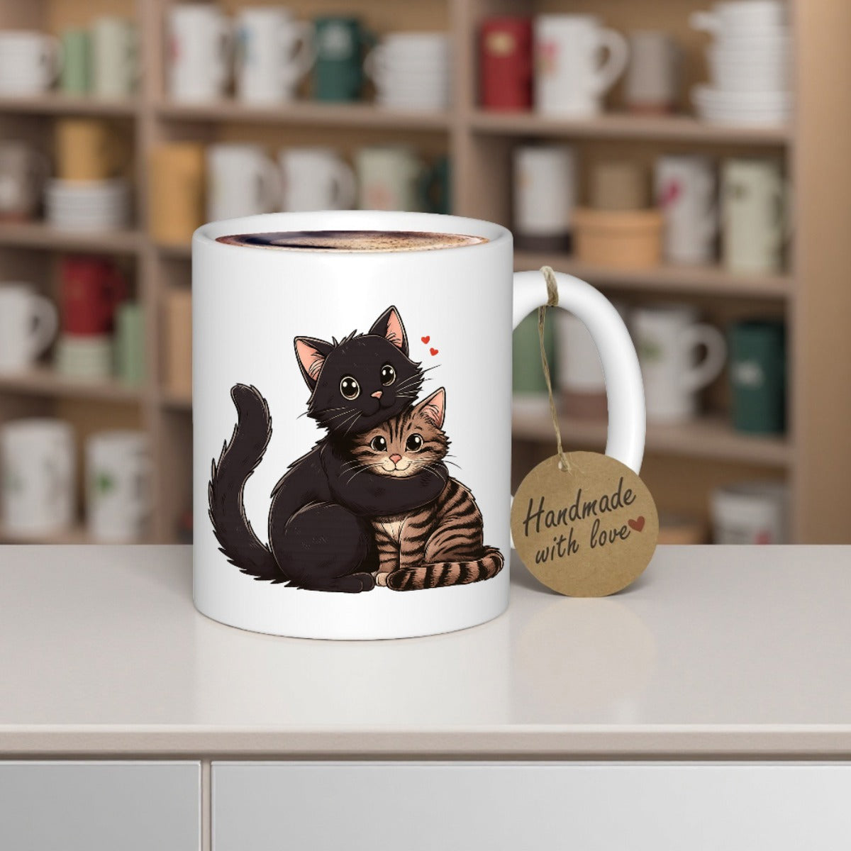 Tailorly White Ceramic 11 oz Mug - Handmade With Love Adorable Black And Tabby Felines Embracing In A Heartfelt Manner Cat