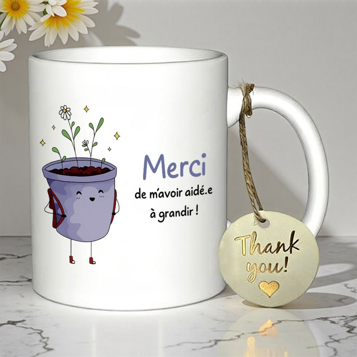 Tailorly White Ceramic 11 oz Mug - Thank You Cute Cartoon Potted Plant Character Smiling In A Minimalist Garden Pot