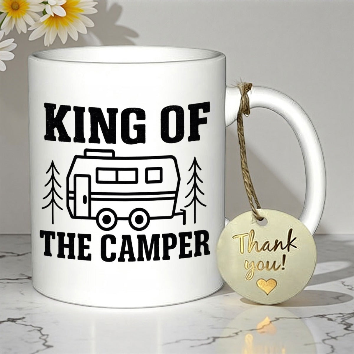 Tailorly White Ceramic 11 oz Mug - King Of The Camper Minimalist Black Line Art Trailer Parked Between Forest Trees Camper