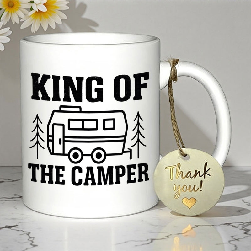 Tailorly White Ceramic 11 oz Mug - King Of The Camper Minimalist Black Line Art Trailer Parked Between Forest Trees Camper