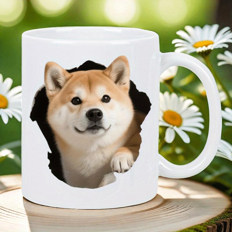 Tailorly White Ceramic 11 oz Mug - Realistic Torn Hole Effect Featuring An Adorable Peeking Shiba Inu