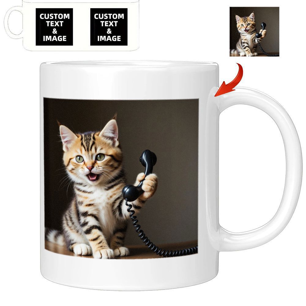 Tailorly White Ceramic 11 oz Mug - Playful Striped Ginger Tabby Holding Classic Black Telephone Receiver Handset Kitten