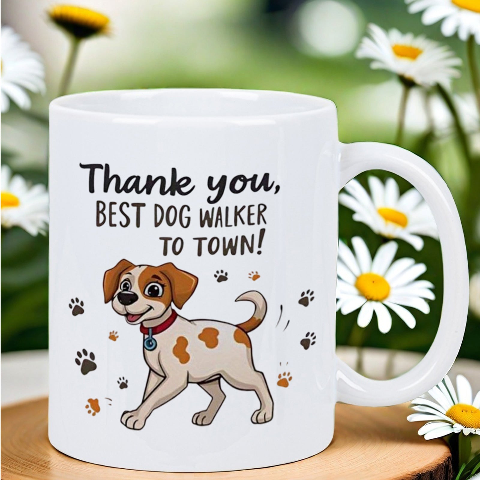 Tailorly White Ceramic 11 oz Mug - Thank You Best Dog Walker To Town Happy Spotted Puppy Walking Amidst Small Brown Paw Prints Dog