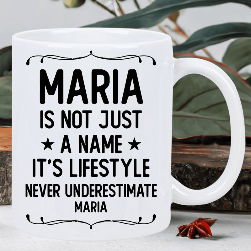 Tailorly White Ceramic 11 oz Mug - Maria Is Not Just A Name Its Lifestyle Never Underestimate Maria Elegant Black Ornamental Border With Bold Minimalist Letters
