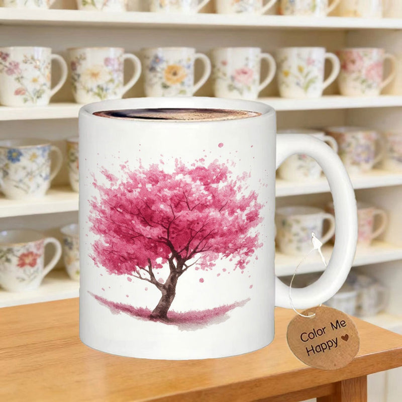 Tailorly White Ceramic 11 oz Mug - Color Me Happy Beautiful Blooming Pink Watercolor Petals On A Serene Spring Tree