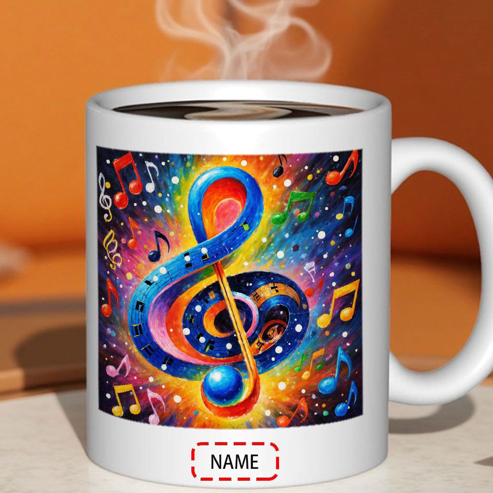Tailorly White Ceramic 11 oz Mug - Name Vibrant Colorful Music Notes Floating Within Cosmic Galaxy Background Swirling Clef