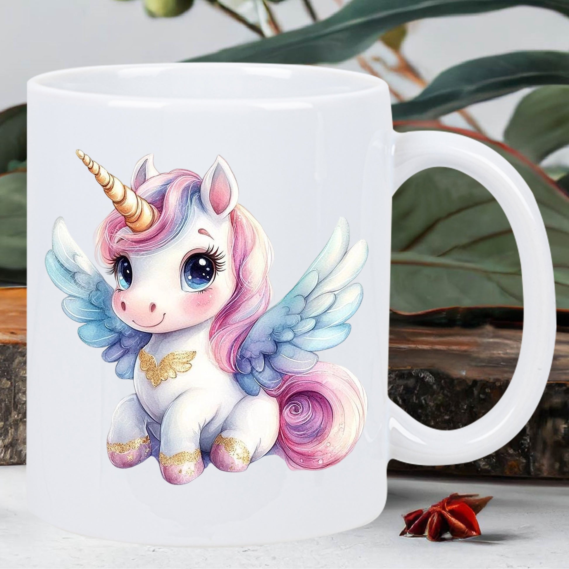 Tailorly White Ceramic 11 oz Mug - Adorable Chibi Creature With Pink Mane And Soft Blue Wings Golden Unicorn