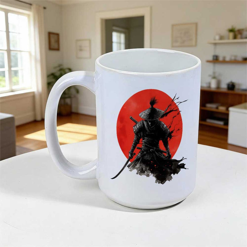 Tailorly White Ceramic 11 oz Mug - Dark Silhouette Standing Boldly Against A Large Crimson Radiant Sun Samurai