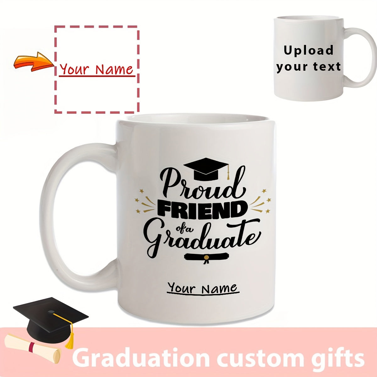 Tailorly White Ceramic 11 oz Mug - Proud Friend Of A Graduate Minimalist Black Ink Design Featuring Academic Mortarboard And Rolled Diploma Mug