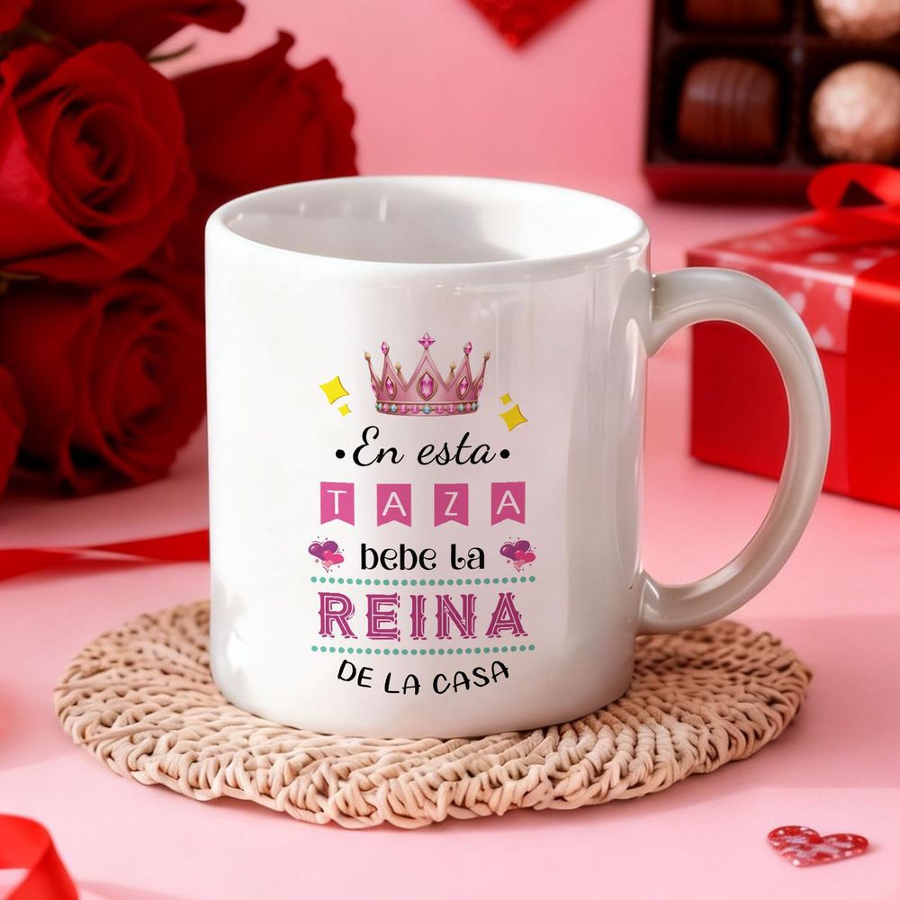 Tailorly White Ceramic 11 oz Mug - Sparkling Pink Decorative Royal Symbol With Elegant Banners And Heart Details Crown