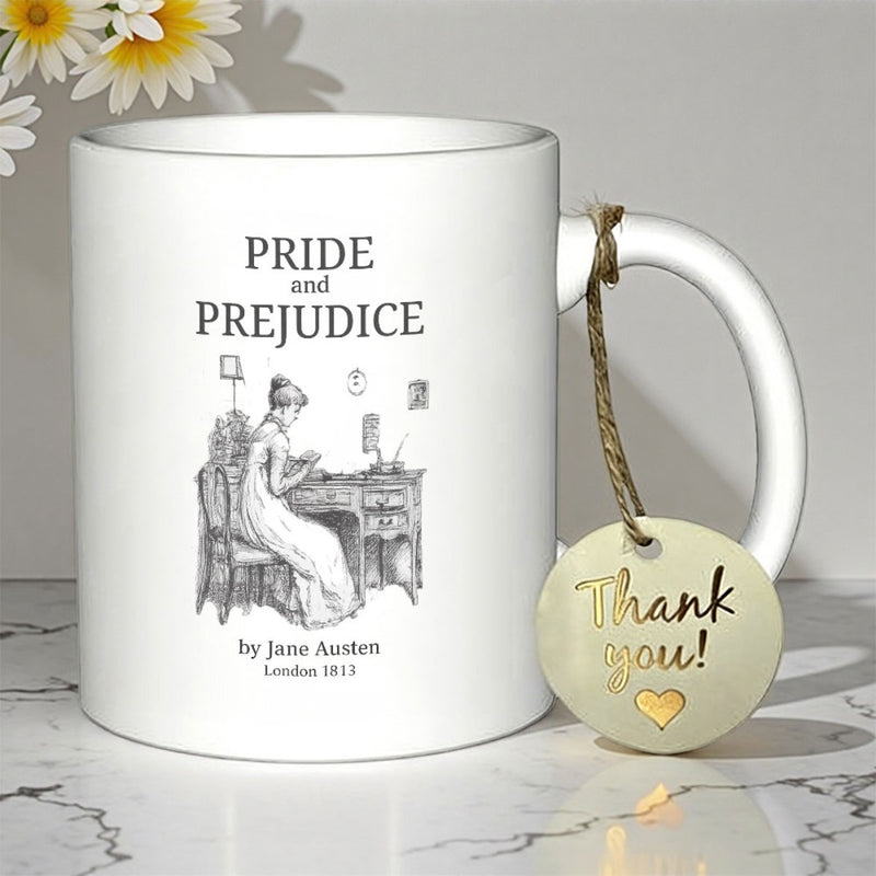 Tailorly White Ceramic 11 oz Mug - Pride And Prejudice By Jane Austen Vintage Ink Sketch Of Elegant Woman Writing At Desk Sketch