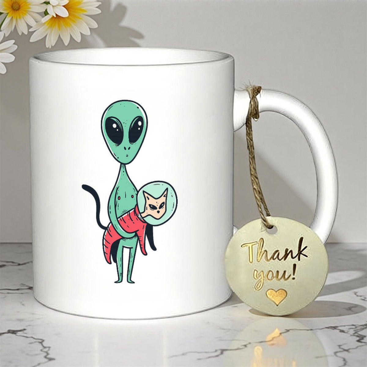 Tailorly White Ceramic 11 oz Mug - Minimalist Green Extraterrestrial Being Holding A Small Feline Wearing Astronaut Suit Alien