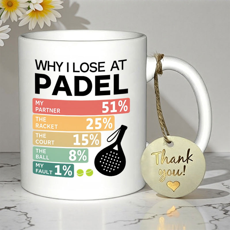 Tailorly White Ceramic 11 oz Mug - Why I Lose At Padel Minimalist Black Racket Among Colorful Vibrant Statistical Chart Padel Racket