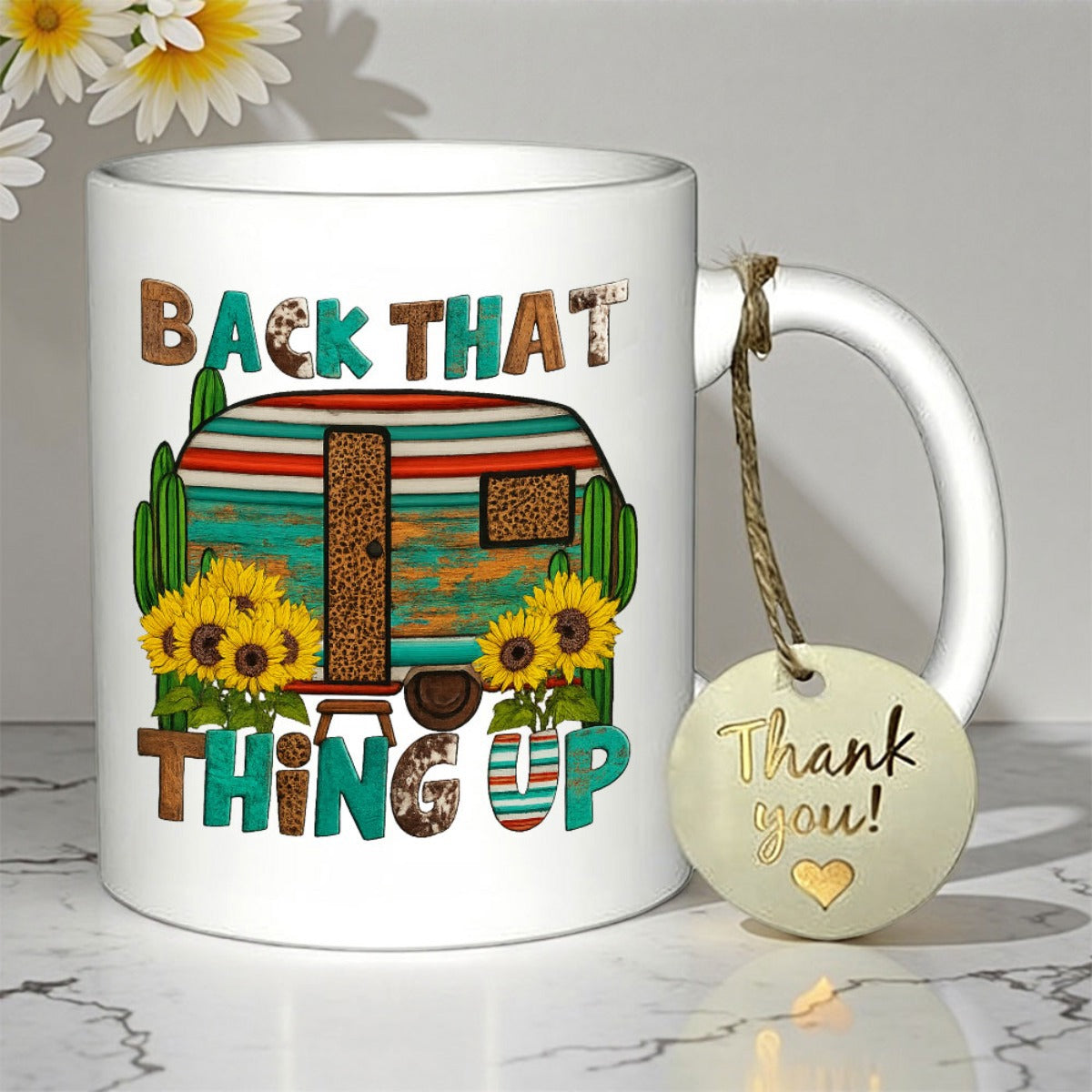 Tailorly White Ceramic 11 oz Mug - Back That Thing Up Vintage Travel Trailer With Vibrant Sunflowers And Desert Cacti Accents Camper