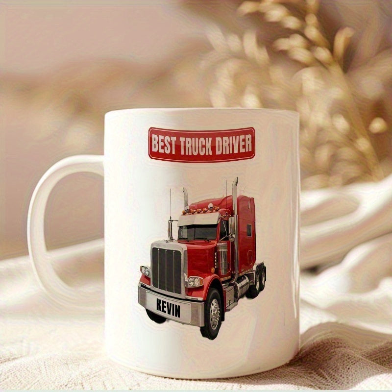 Tailorly White Ceramic 11 oz Mug - Best Truck Driver Kevin Powerful Red Semi Moving Along Highways With Classic Chrome Details Truck