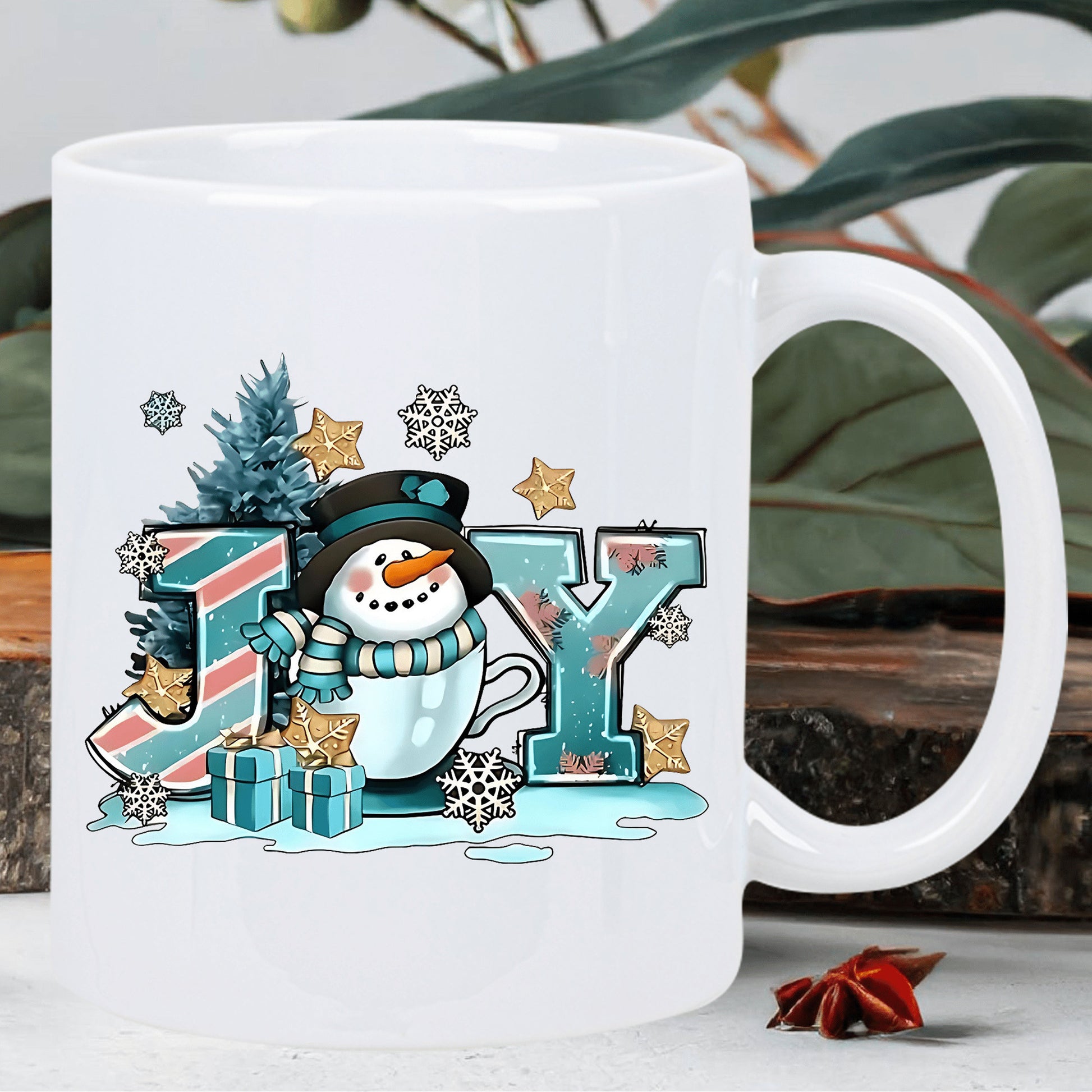 Tailorly White Ceramic 11 oz Mug - Joy Festive Winter Scene With Decorated Letters Surrounded By Stars And Snowflakes Snowman