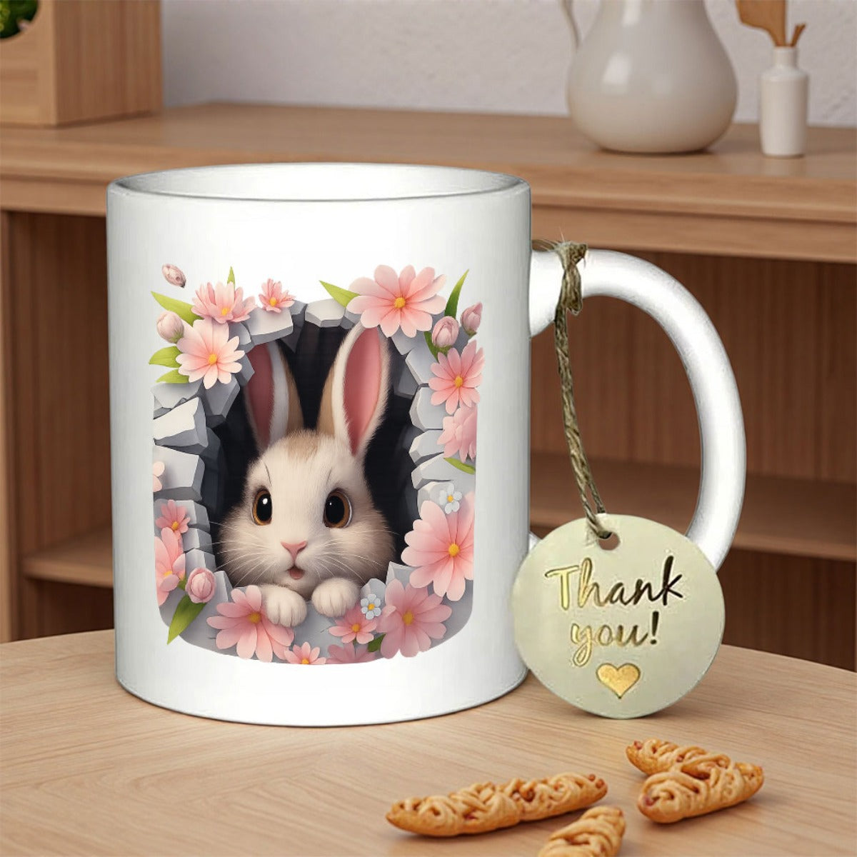 Tailorly White Ceramic 11 oz Mug - Thank You Adorable Fluffy Rabbit Peeking From Stone Wall With Pink Flowers Rabbit