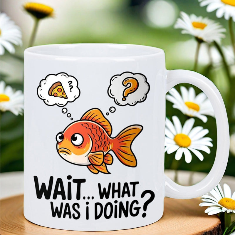 Tailorly White Ceramic 11 oz Mug - Wait What Was I Doing Adorable Orange Cartoon Fish Pondering Pizza Within Thought Bubbles Goldfish
