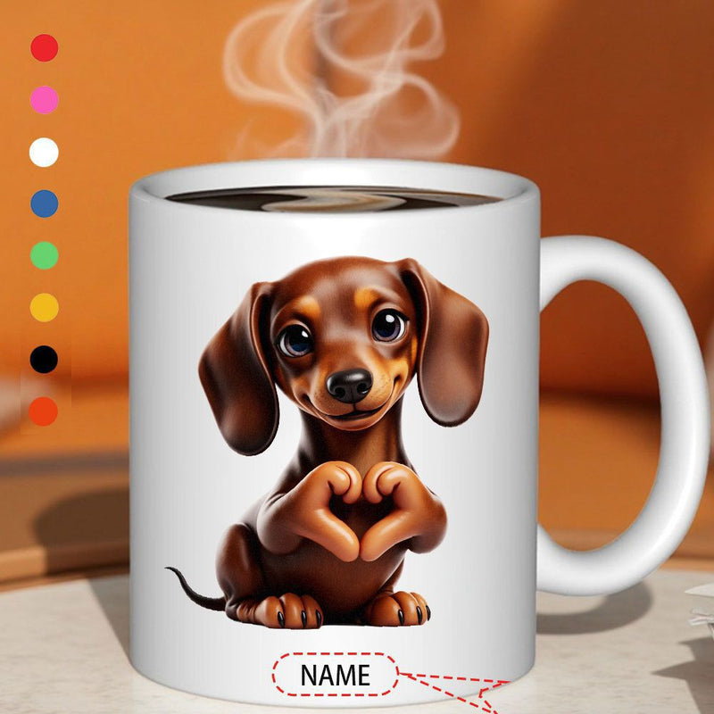 Tailorly White Ceramic 11 oz Mug - Name Adorable Brown Miniature Dog Creating Heart Gesture With Tiny Paws Dachshund