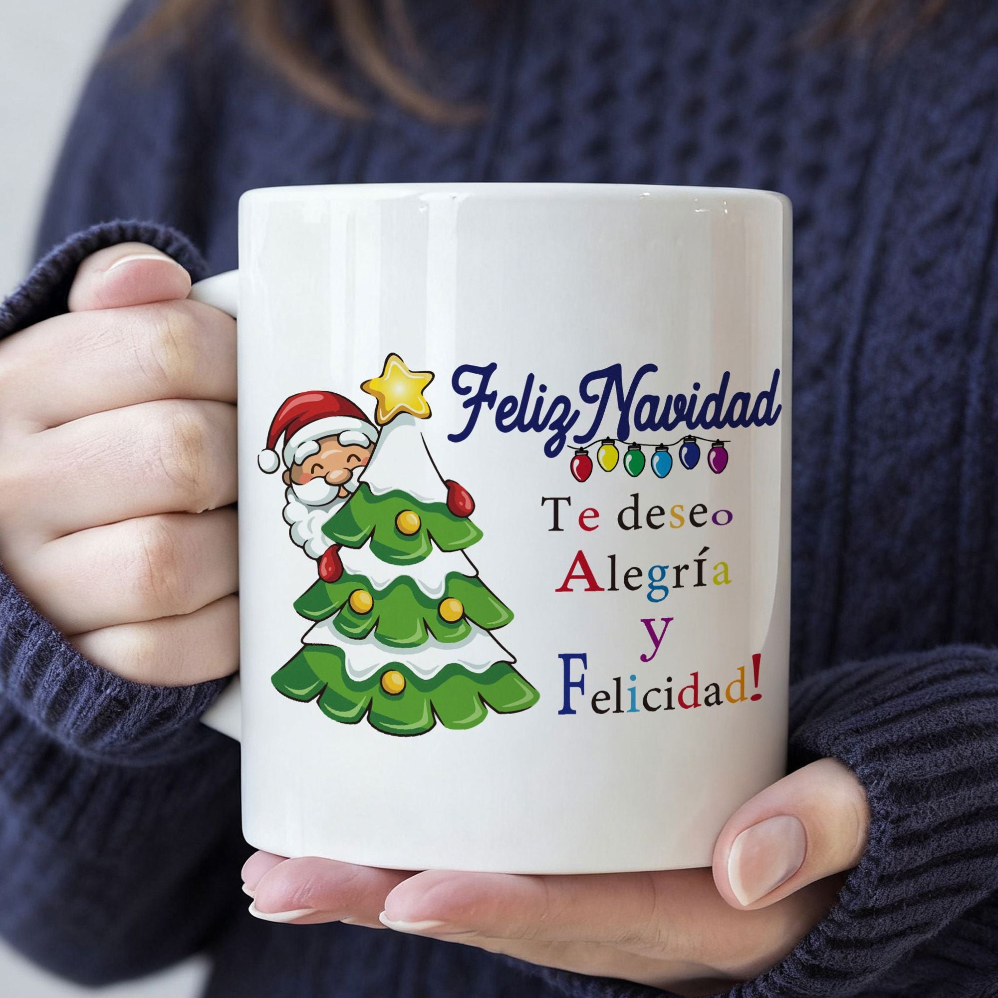 Tailorly White Ceramic 11 oz Mug - Smiling Santa Claus Peeking From Behind A Festive Star Topped Green Tree
