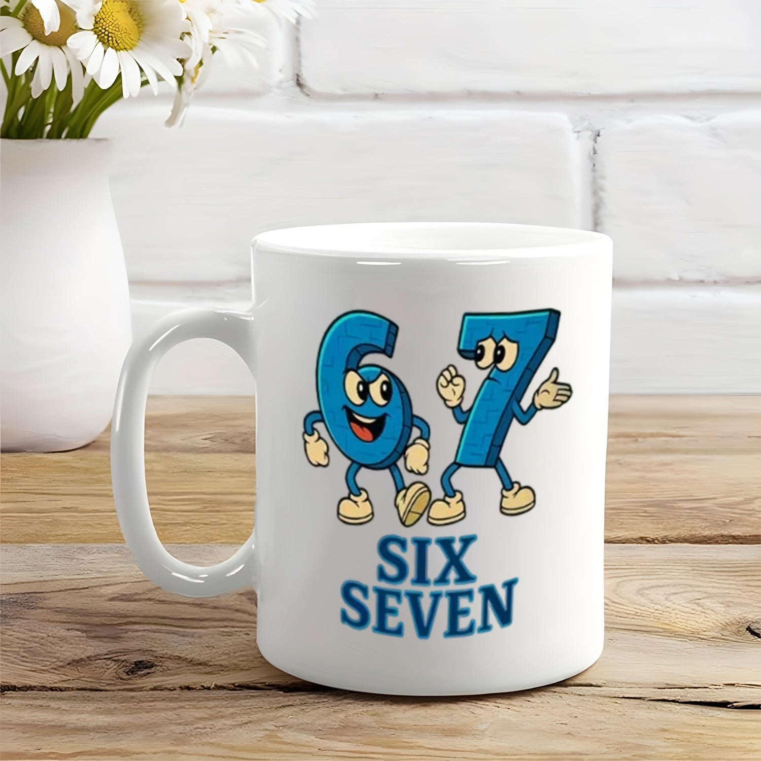 Tailorly White Ceramic 11 oz Mug - Six Seven Retro Rubber Hose Style Animated Dancing Numbers With Playful Expressions Character