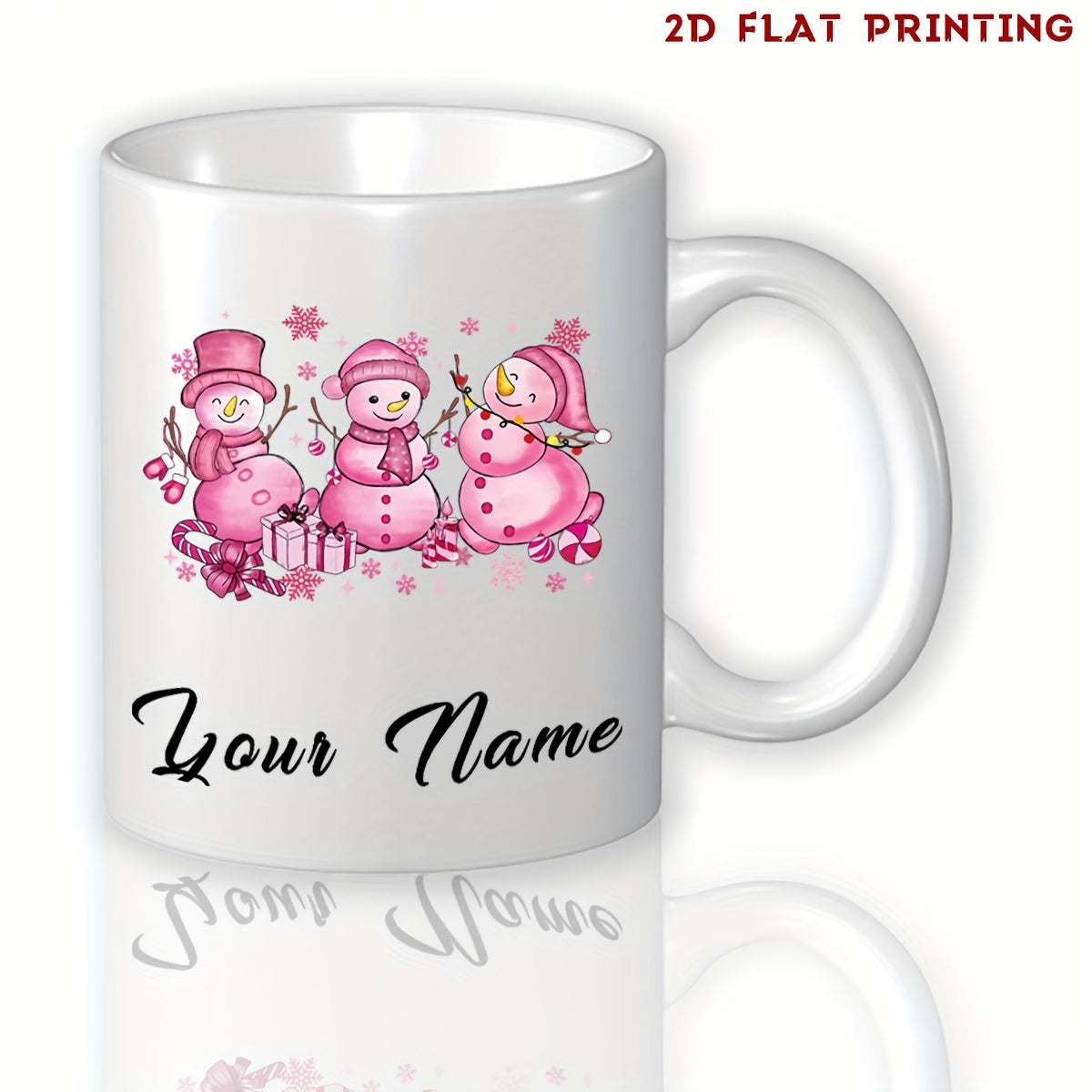 Tailorly White Ceramic 11 oz Mug - Your Name Three Pink Cheerful Snowmen Wearing Hats And Scarves Among Festive Gifts Snowman